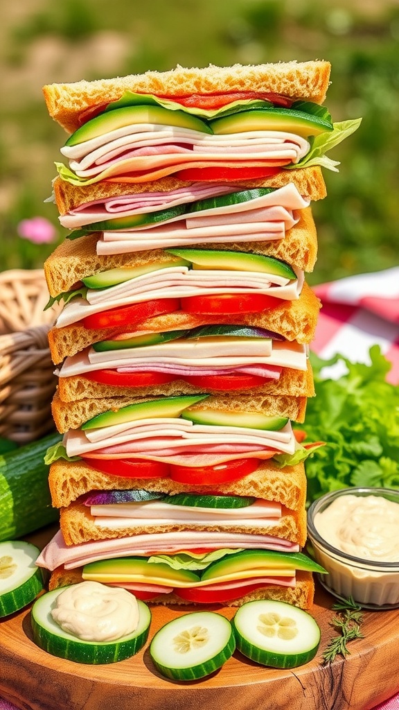 A vibrant 9-layer sandwich filled with turkey, ham, cheese, avocado, and fresh vegetables on a picnic table with hummus.